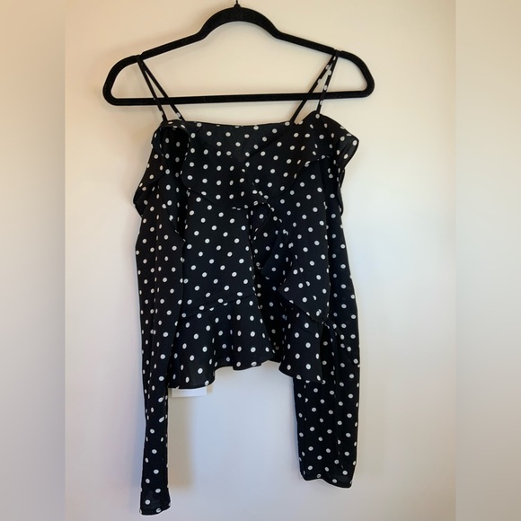 Polka Dot Cold Shoulder Black Chiffon Blouse - Picture 3 of 9